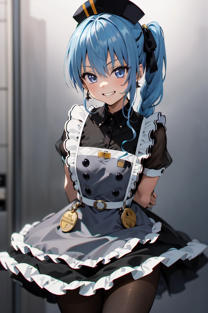 1girl, solo, detailed face, , , SuiseiMaid, long hair, single braid, black nurse cap, double-breasted grey apron, chest belt, elbow gloves, crinoline, (((black pantyhose))),,,,looking viewer,side ponytail,small breasts,,grin,high heel,armpit,arms behind back