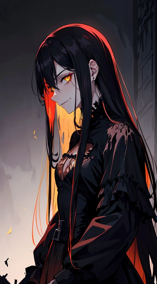 Long rot hair, yellow eyes, evil, sensuous, black and rot clothes, black crown, evil face, evil smile, sit, Queen, grim, bloody, mitts, close up, profile shot portrait, gorgeous eyes, short dress, big white palace, thron, rot bed, Dark place, natta, sensuous, straight haircut, clean skin, evil, 30 year old young man, Kizi, adult, standing alone, rot, pretty long hair,