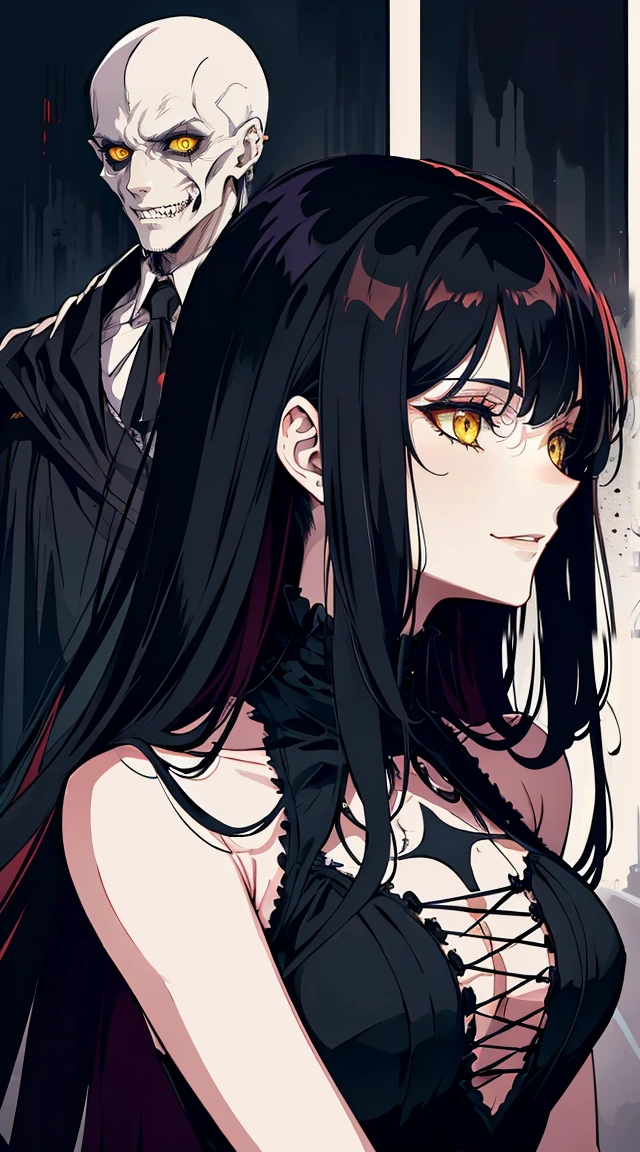 Long rot hair, yellow eyes, evil, sensuous, black and rot clothes, black crown, evil face, evil smile, sit, Queen, grim, bloody, mitts, close up, profile shot portrait, gorgeous eyes, short dress, big white palace, thron, rot bed, Dark place, natta, sensuous, straight haircut, clean skin, evil, 30 year old young man, Kizi, adult, standing alone, rot, pretty long hair,