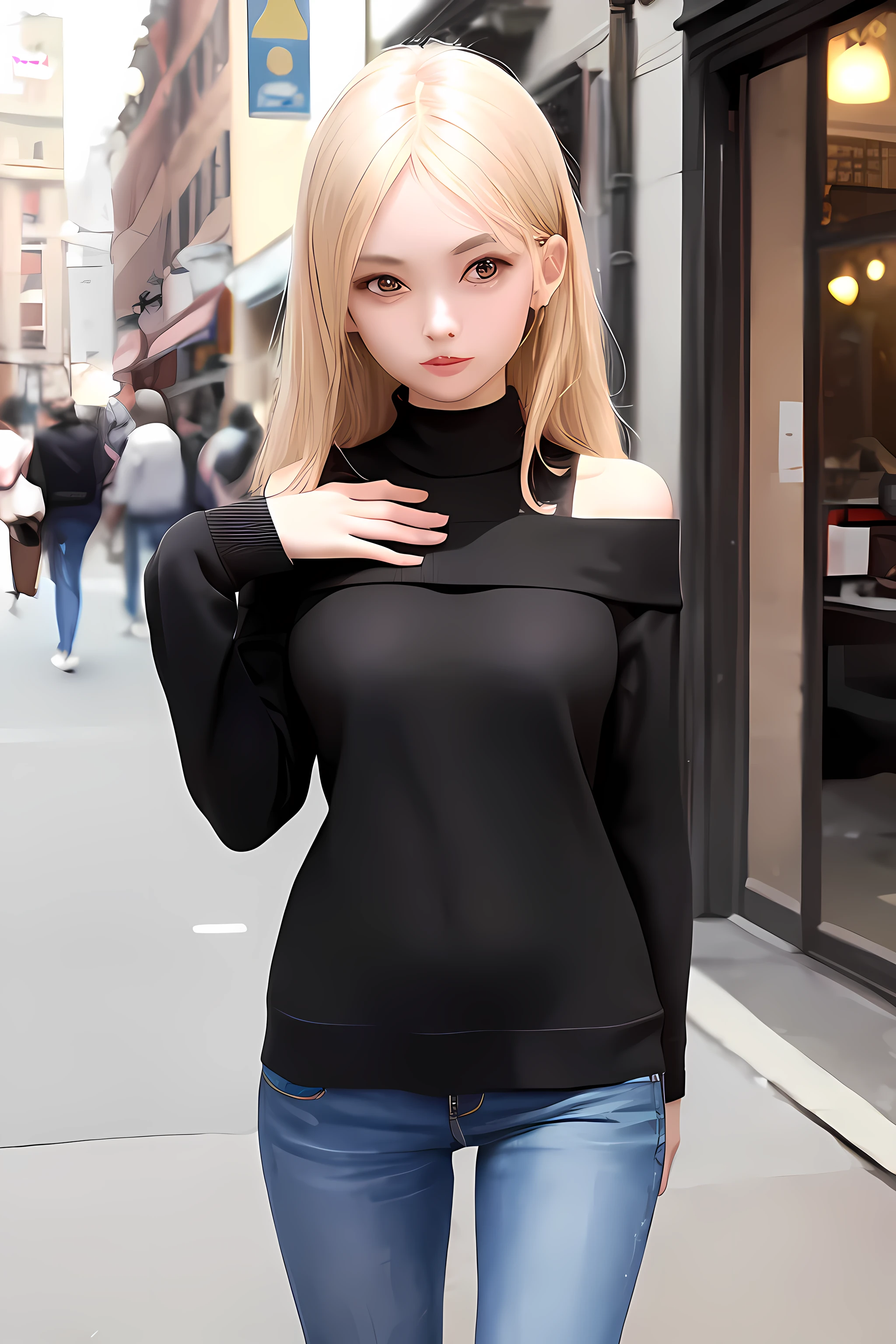 ((Highest quality)), ((masterpiece)), (detailed), One girl, Off-the-shoulder sweater, 