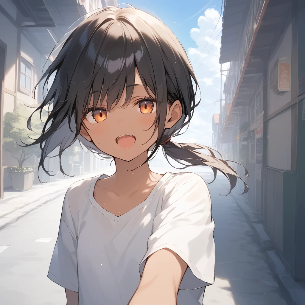 score_9, score_8_up, score_7_up, source_anime, best quality, masterpiece, official art, absurdres, highres, ultra-detailed,waifu2x,Collection: Slice of Life,break,1girl, tomboy, dark-skinned female, short hair, low ponytail, flat chest, beautiful detailed eyes, short shorts, sweat, open mouth, (yawn:0.3), sleepily, outdoors, wind,break,(clear line illustration:1.2), super detailed skin,very high resolution, very aesthetic, Best sexual lighting powered by famous artist, 8k,cute picture,beauty illustration,photoshop_(medium),,(Detailed Lighting),best anime 8k konachan wallpaper, pixiv contest winner,