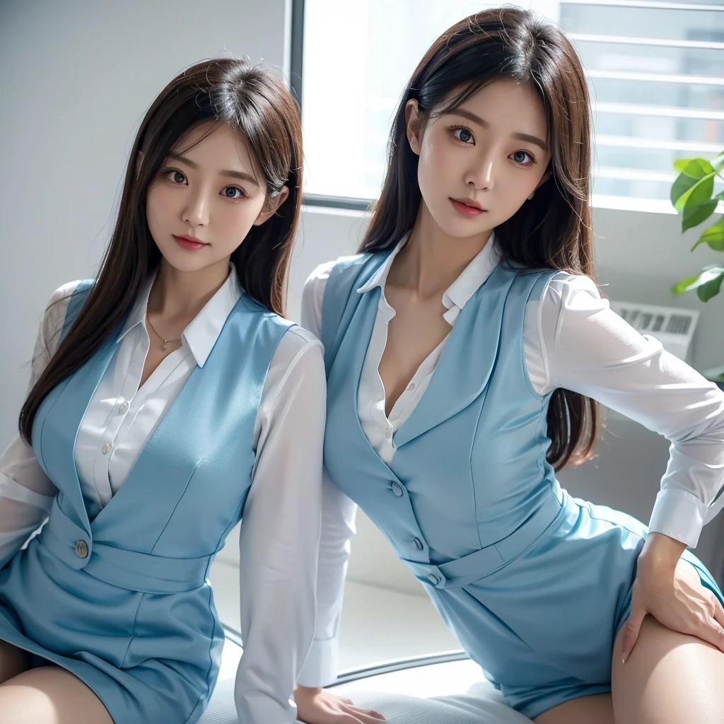 top quality,one,Japanese,office lady,satin blue vest suit,white long sleeve blouse,satin blue tight skirtat office,sunlight