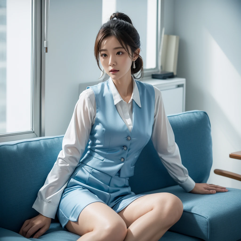 top quality,one,Japanese,office lady,satin blue vest suit,white long sleeve blouse,satin blue tight skirtat office,sunlight