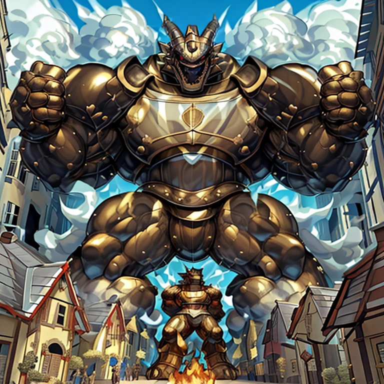 (Solo. masterpiece. official art. 8k. best quality. detailed full body. full body.)
(situation 1 : dominating exveemon. exveemon is over 1000 meters long. focus GIANT mechanical Muscular exveemon is trampling the city. Looking down. macro. stomp. Low-angle perspective. emphasizing the immense size. He is much bigger than a skyscraper. Giga Giants. looking down. foot focus, (soles:1.2))

(situation 2 :smoke and flames rising from the destruction in the city)

(Additional details 1: wearing a full-face helmet. golden armor. Armored Flazzard. Armored_Flazzard. high-tech bio-mecha armor. real texture material. whole body shines like metal.). 

(Additional details 2: (Detailed head. Detailed Body. Detailed abs. gigantic muscles. HYPER MUSCLES. Gigachad Muscular. big muscle. pecs. triceps. traps. unusually developed muscular body. body full of huge muscles. showing off muscles. pectorales enormes. Exaggeratedly huge muscles. huge muscles. long legs.).

(Additional details 3: Spread wings. It has wings. have big wings. The claws are sharp. Sharp teeth).