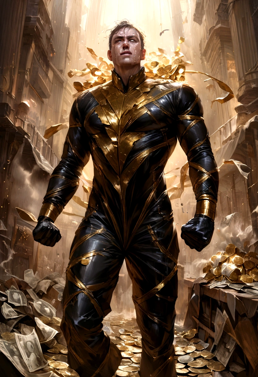 Man fighting money, oil, shortage々Beautiful brushwork, Dramatic lighting, intense expression, Eyes of Determination, Clench your fist, Sweat dripped down my face, Rumpled suit, Broken chains, Crumbling dollar bills, Collapsing stock market graph, Smoke rises in the background, Black and white with gold accents, realism. (Highest quality, High resolution, Super detailed), (Realistic:1.37), Professional, Vibrant colors.