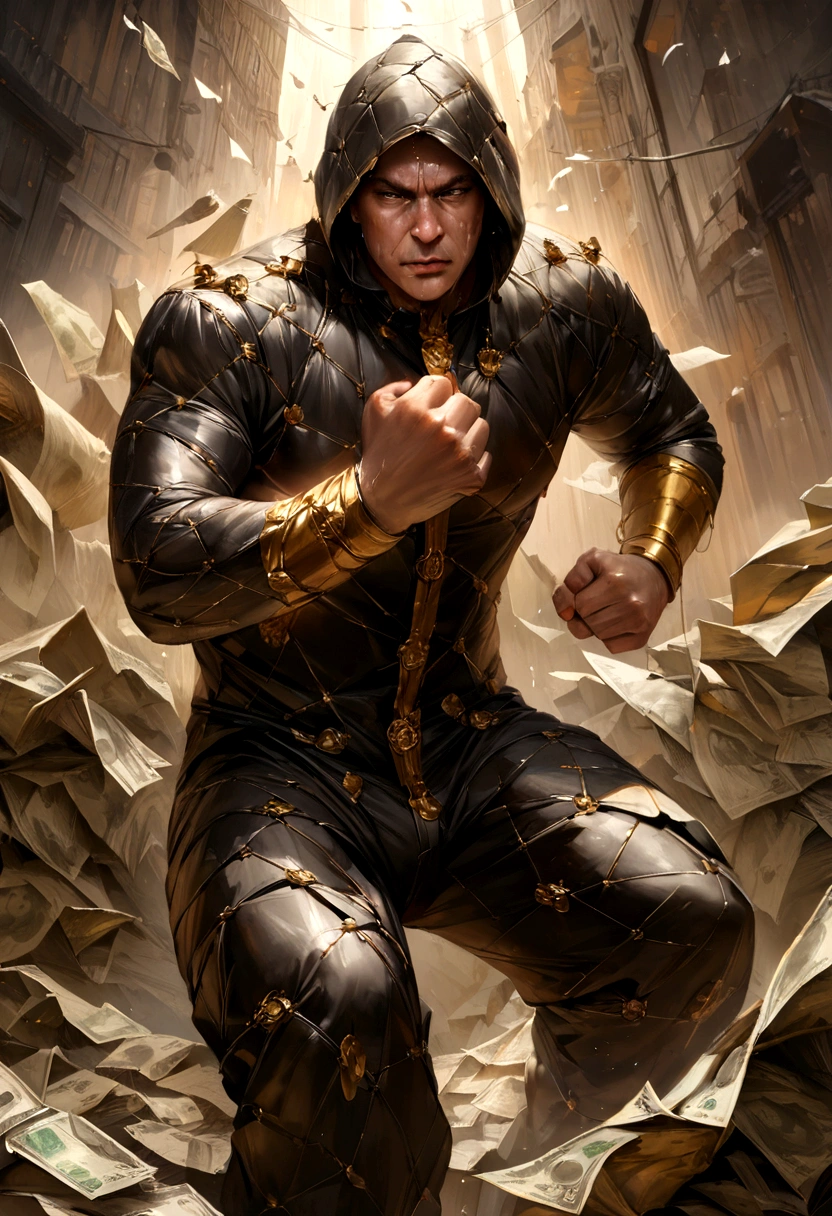 Man fighting money, oil, shortage々Beautiful brushwork, Dramatic lighting, intense expression, Eyes of Determination, Clench your fist, Sweat dripped down my face, Rumpled suit, Broken chains, Crumbling dollar bills, Collapsing stock market graph, Smoke rises in the background, Black and white with gold accents, realism. (Highest quality, High resolution, Super detailed), (Realistic:1.37), Professional, Vibrant colors.
