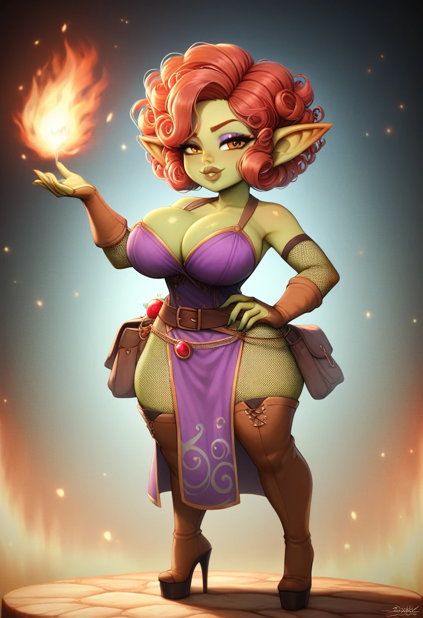Girl, goblin girl, goblin, green skin, short, short stature, short hair, red hair, curly hair, large breasts, long gloves, thigh boots, pouty lips, masterpiece, best quality, sexy, dynamic pose, 8k, shortstack, sfw, shiny, fantasy, dungeons and dragons, high heels,  fishnets, holding, dark green skin, adventurer, slutty pose, sorcerer, sorceress, pyromancer, fire and ice, magic, fire and ice magic, long detailed slutty colorful dress, thigh pouch, very curly hair, lots of belts, curly hairstyle, lipstick, rosy cheeks, smile, eyeshadow, eye liner, belt on hip, magic, magic dress, very detailed, magic user, puffy lips