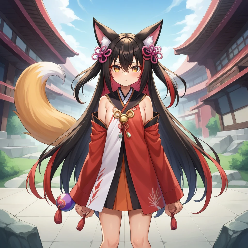 One girl, Teen, (Animal ears), Straight, whole body, View your viewers, Hair between the eyes, hair ornaments, Multicolored Hair, Twin Blade, Fox&#39;s Tail, (Multiple tails:1.3), badge, bangs, (Blue baseball cap:1.2), Clothes writing, White clothes, Food, Food down, Are standing, Long sleeve, Mouth closed, (Blue Skirt:1.05), alone, (A slight blush:0.9), bare wood, building, city, cityscape, Day, Outdoor,  swoodt, Tokyo (city), wood