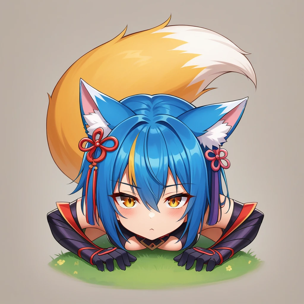 One girl, Teen, (Animal ears), Straight, whole body, View your viewers, Hair between the eyes, hair ornaments, Multicolored Hair, Twin Blade, Fox&#39;s Tail, (Multiple tails:1.3), badge, bangs, (Blue baseball cap:1.2), Clothes writing, White clothes, Food, Food down, Are standing, Long sleeve, Mouth closed, (Blue Skirt:1.05), alone, (A slight blush:0.9), bare wood, building, city, cityscape, Day, Outdoor,  swoodt, Tokyo (city), wood