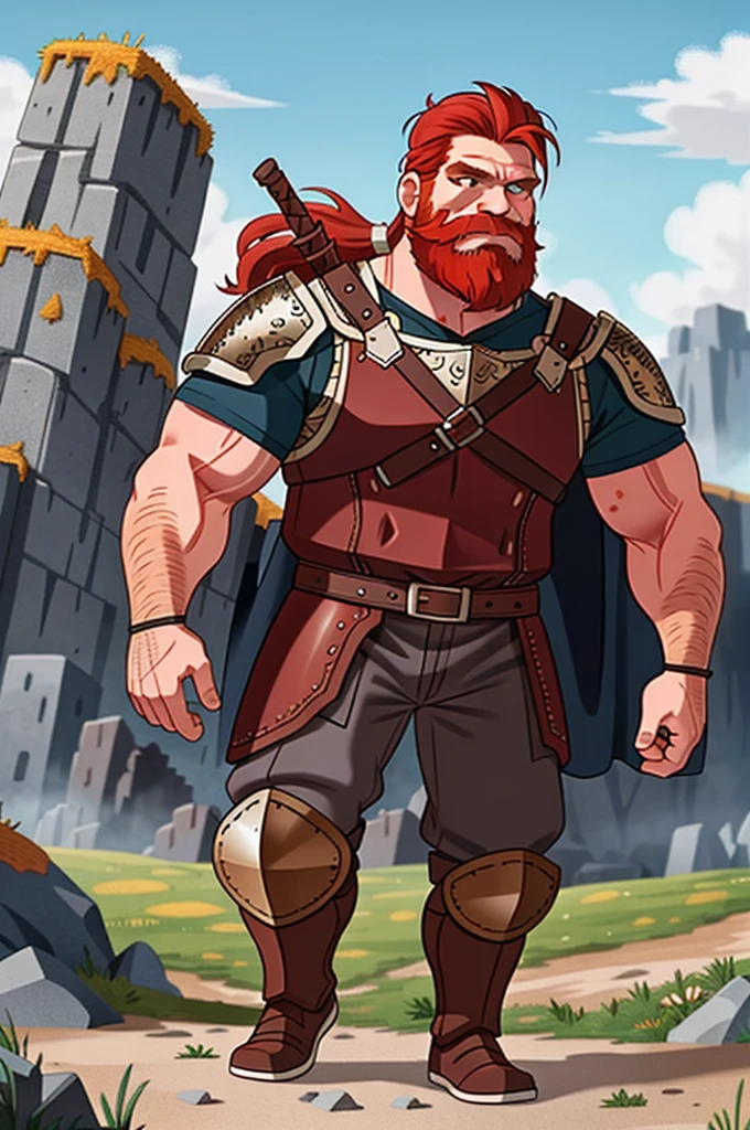 Ingólfr Einarr is a 40-year-old red-haired Viking man with a full beard, outgoing, muscular and very attractive, who wears his imposing medieval armor. hyper detailed and super realistic. cartoon style. Ingólfr Einarr is holding a beer mug high, extending his arm