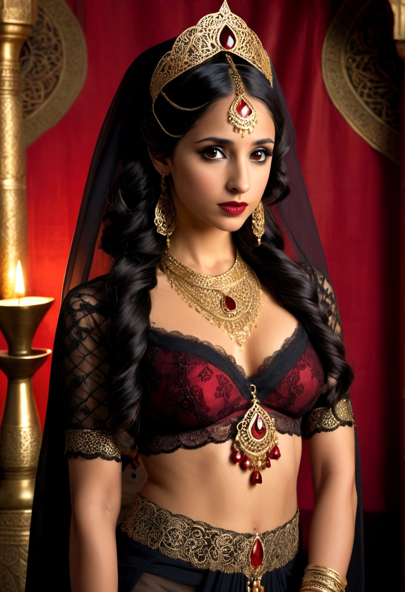 Full body shot Naomi Scott gorgeous belly dancer, ringlets wavy straight seven feet long black hair, updo hairstyle with ponytail on one side and bun long braid, strong thighs, dark red glossy lips, heavy black eye shadow long black eyeliner, long sharp red nails, black lace beautiful and provocative belly dancer veil outfit, beautiful forehead lace ornament, posing in a feminine palace harem, happy expression, dark ambience night time candle lights. No faces on her chest!
