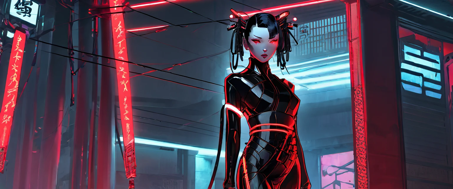 girl with black hair, medium, cyberpunk,  geisha, standing, full body, fair skin, glowing skin, red, neon, wires, tied, 