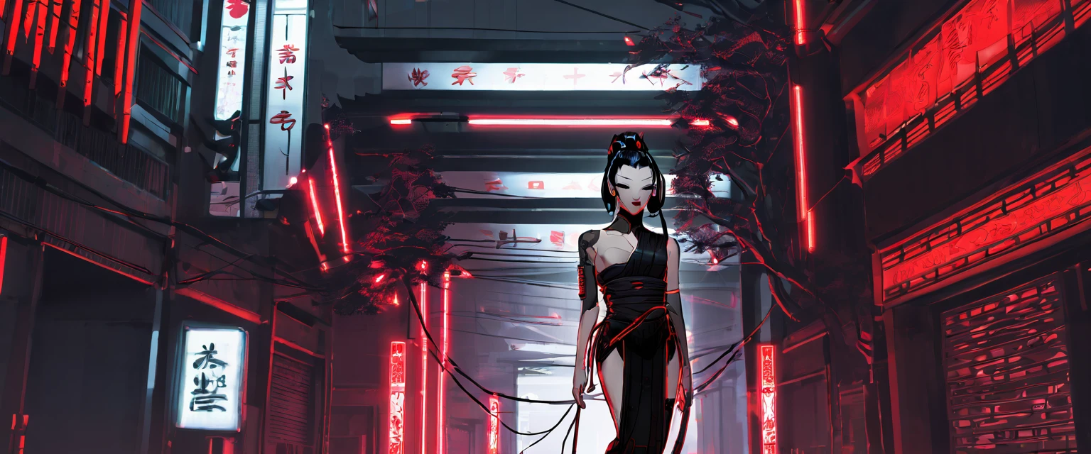 girl with black hair, medium, cyberpunk,  geisha, standing, full body, fair skin, glowing skin, red, neon, wires, tied, 