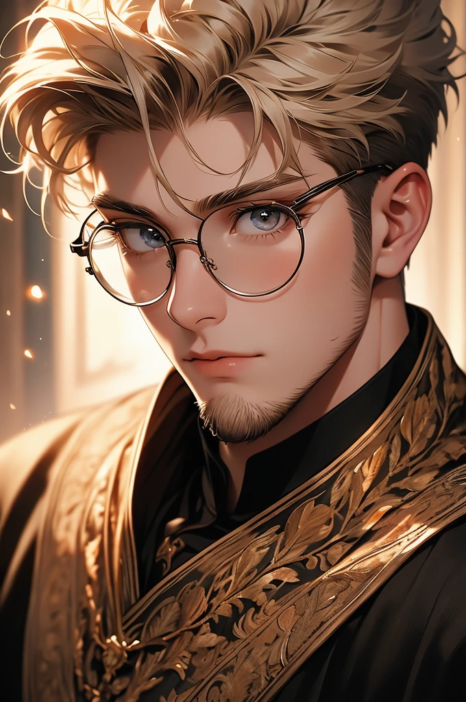 [32k, 8k, very detailed image, masterpiece], young man, naturally handsome, 23 years old, medium blond hair, light brown eyes, gentle expression, large round glasses, [looking fixedly at the viewer], shaved beard, noble adventurer outfit