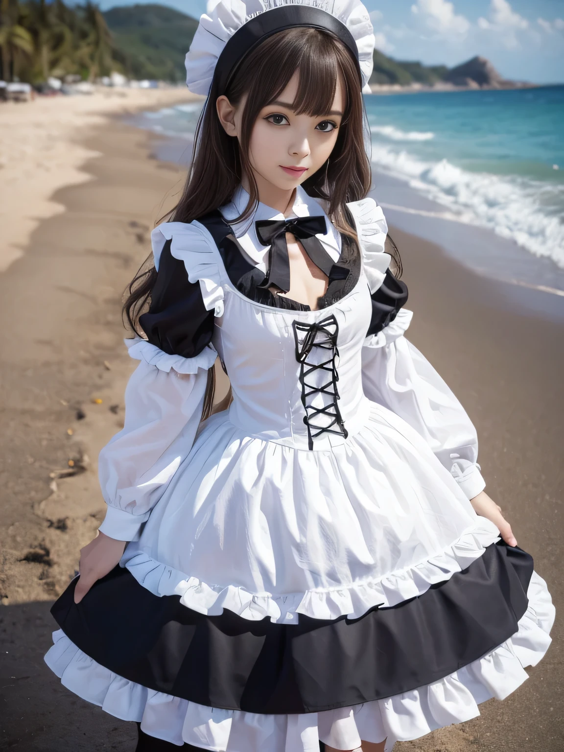 (Full body portrait:1.5)、17 years old、Slim and flat chested、Small breasts、Highest quality,masterpiece,Ultra-high resolution,(Actual:1.4),Original photo,Ultra-high resolution,8K,There are also women,Gothic Lolita Uniform、Maid Costume Cosplay、Sandy beach scenery、With confidence, Beautiful and generous,Please lift your skirt and show me your underwear...、