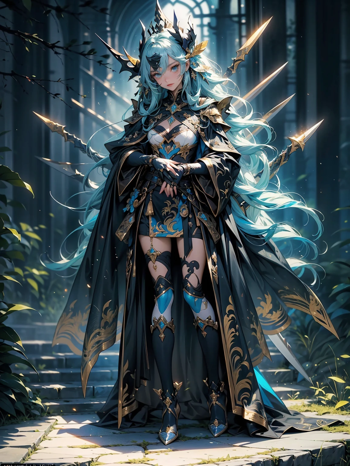 (((masterpiece, best quality, high detailed, 8k))) Design a layout showcase Gaming character, (1girl). Green|Gold clothes, stylish and unique. ((showcase weapon:1.4)), nature staff. (masterpiece:1.2), (best quality), 4k, ultra-detailed. (Step by step design, layout art:1.5), (luminous lighting, atmospheric lighting). druid, ((glove full hands)), (((revealing clothes:1.3))), vambraces, armored legwear, (((full_body_shot:1.4))). {In a magical meadow}.