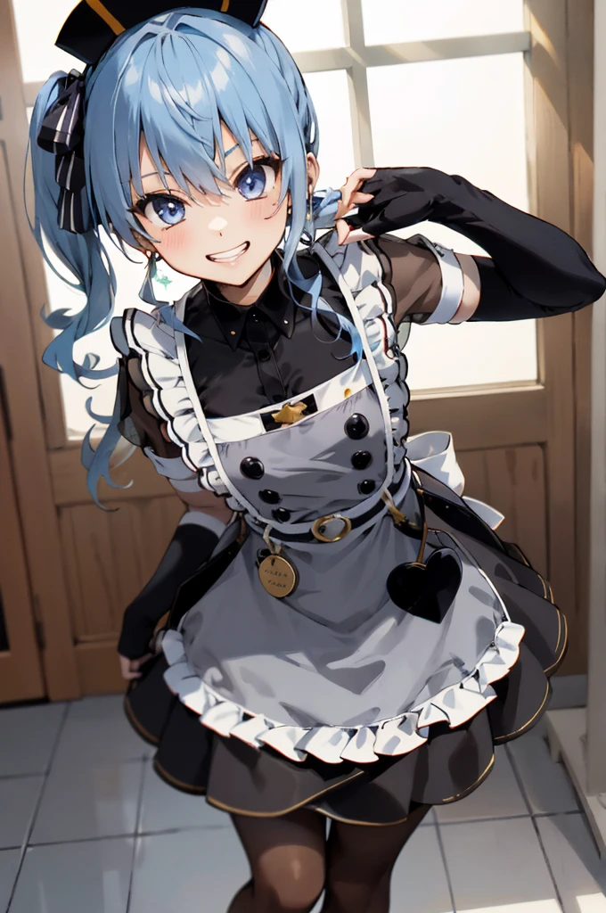 1girl, solo, detailed face, , , SuiseiMaid, long hair, single braid, black nurse cap, double-breasted grey apron, chest belt, elbow gloves, crinoline, (((black pantyhose))),,,,looking viewer,side ponytail,small breasts,,grin,high heel,nipple