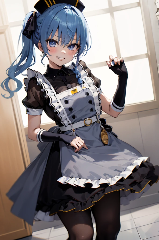 1girl, solo, detailed face, , , SuiseiMaid, long hair, single braid, black nurse cap, double-breasted grey apron, chest belt, elbow gloves, crinoline, (((black pantyhose))),,,,looking viewer,side ponytail,small breasts,,grin,high heel,nipple