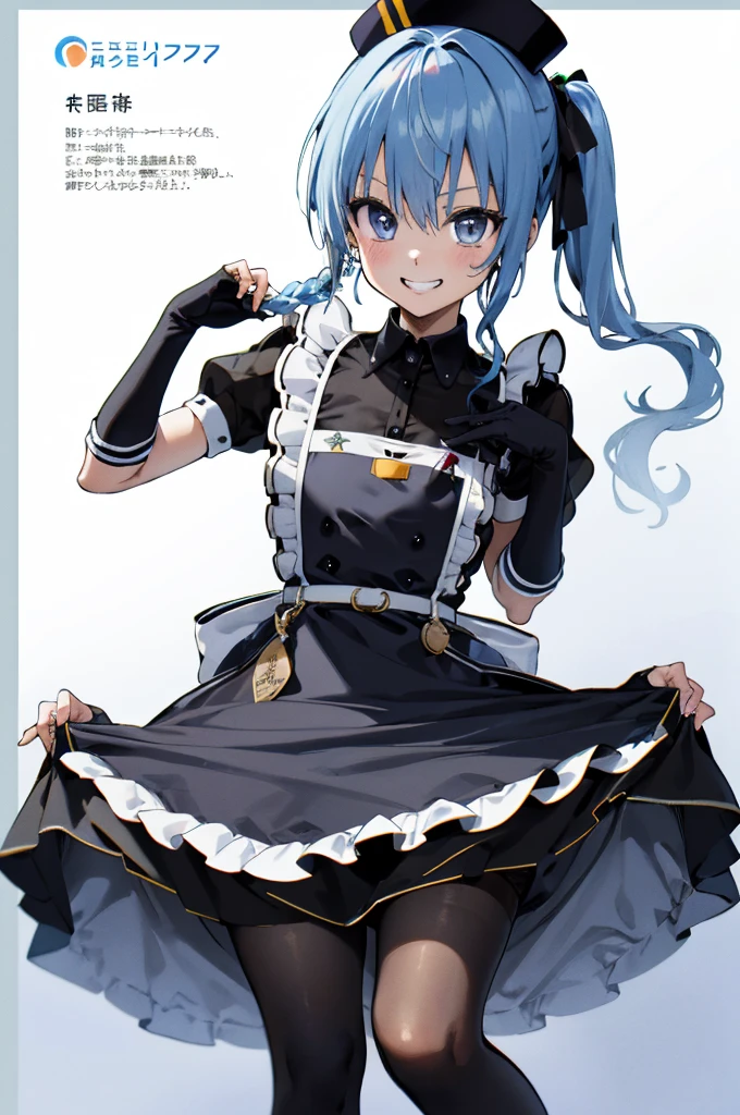 1girl, solo, detailed face, , , SuiseiMaid, long hair, single braid, black nurse cap, double-breasted grey apron, chest belt, elbow gloves, crinoline, (((black pantyhose))),,,,looking viewer,side ponytail,small breasts,,grin,high heel,nipple