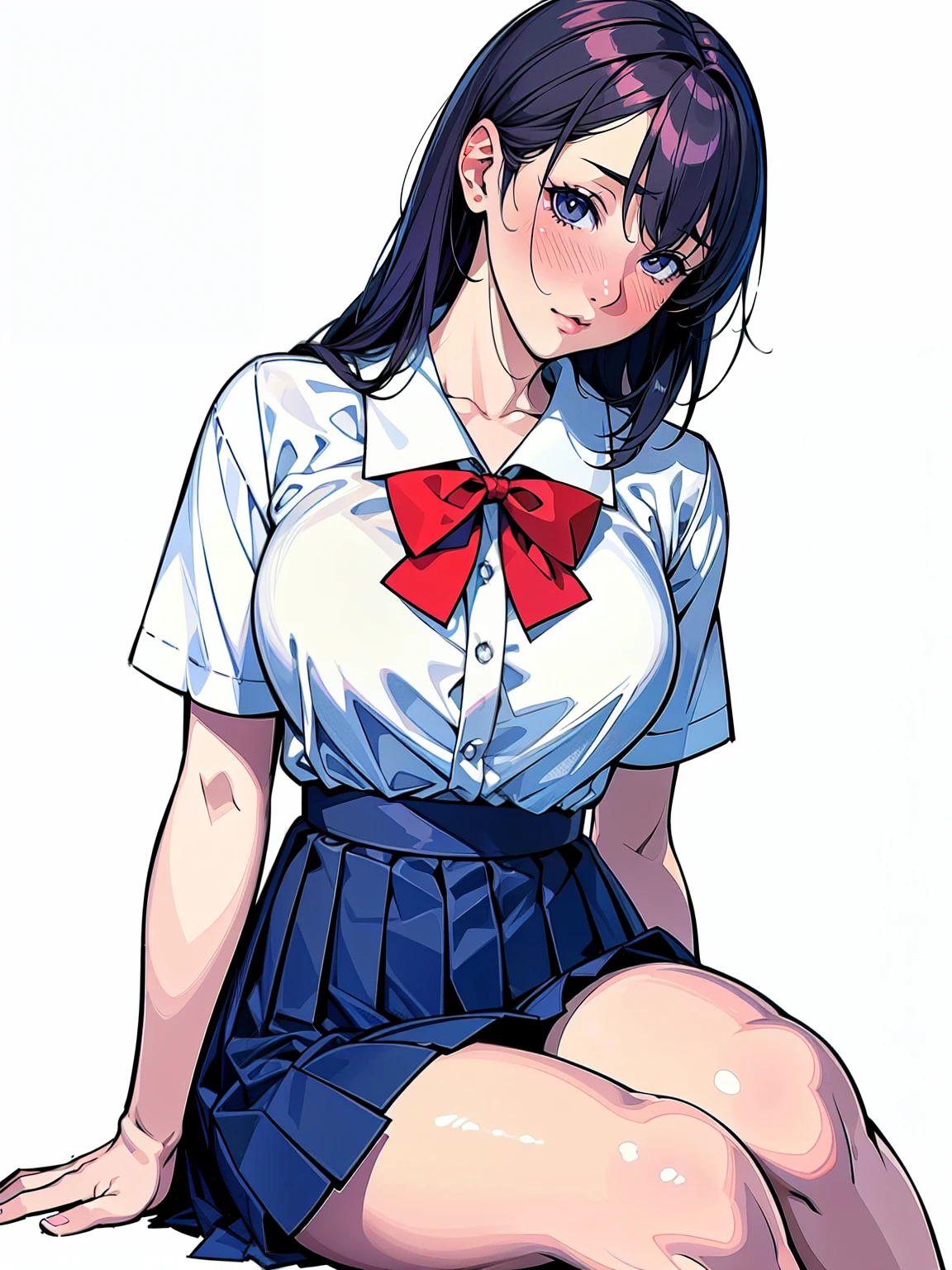 (Highest quality、Masterpiece、、Highest quality、Hyperrealism、Ultra HD)、(White polyester collared blouse:1.2)、(Navy Pleated Skirt:1.4)、( Red bow tie on chest:1.1)、Perfect Style、Perfect body line、Large Breasts、Slender body、Perfect beautiful anime style、Smooth anime CG art、(The simplest pure white background:1.1)、Sitting、Boldly exposed beautiful thighs、Open your crotch to see your panties、Embarrassed expression、blush