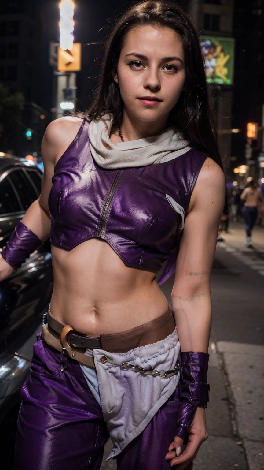 (masterpiece), (photorealistic1.4), (1 girl), (solo), (best quality), (epiCRealLife), (Kate Bishop long hair), (sleeveless top), (utility belt),  (kateb2023 purple costume), (purple pants) (kateb2023 purple sleevless bodysuit), (kst3w),(white scarf), (purple sunglasses) (bare shoulder), (night time), (black boot),  (elbow gloves), (abs), (flash photography), (flashphoto), (cowboy shots), (outdoor), (street of new york), (at night), (look at viewers),(light smile)