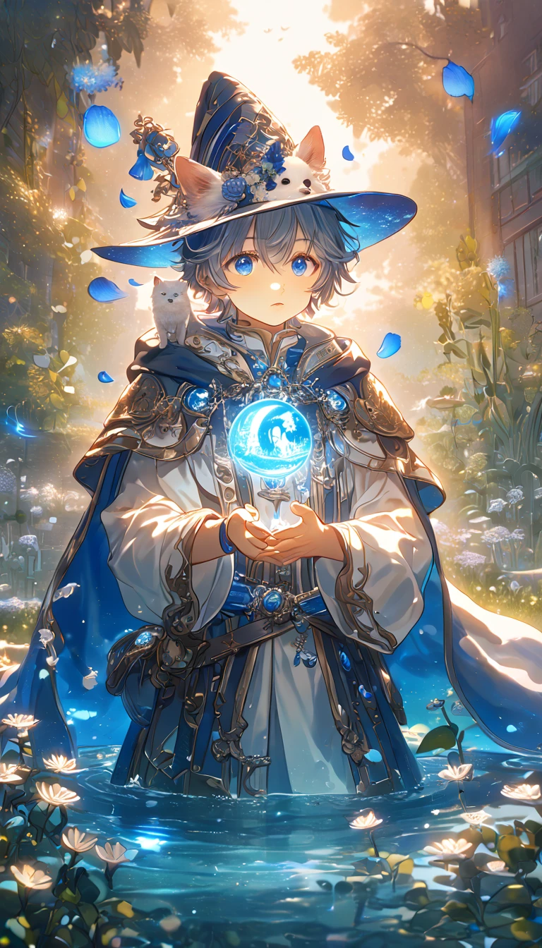 absurdres, highres, ultra detailed, HDR, master piece, small dog, white dog, expressive blue eyes, magical hat, cute, best quality, blue moon, flowers, fantasy, magical, solo, water, blue shining fireflies, blue petals, cape, the word "Krozseria" is written on his shirt