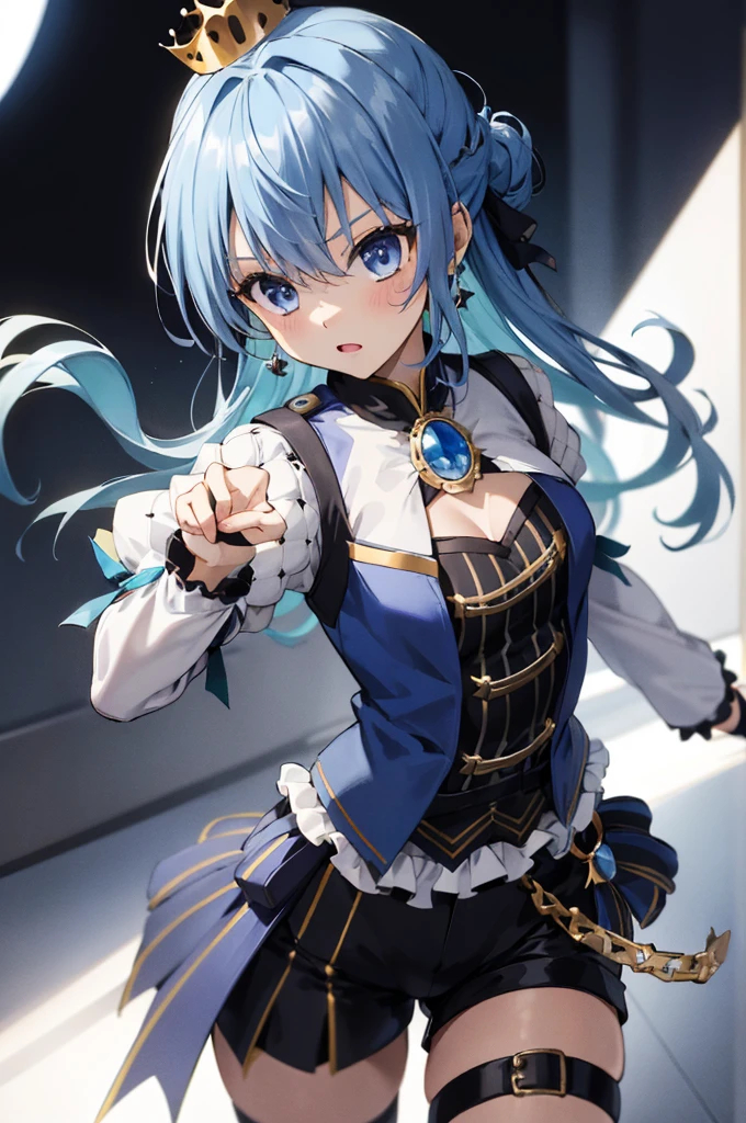 1girl, solo, detailed face,SuiseiStellar, long hair, half updo, tilted crown, white shrug \(clothing\), juliet sleeves, blue brooch, blue pinstripe shirt, blue vest, half gloves, blue shorts, half-skirt, o-ring thigh strap, single thigh boot