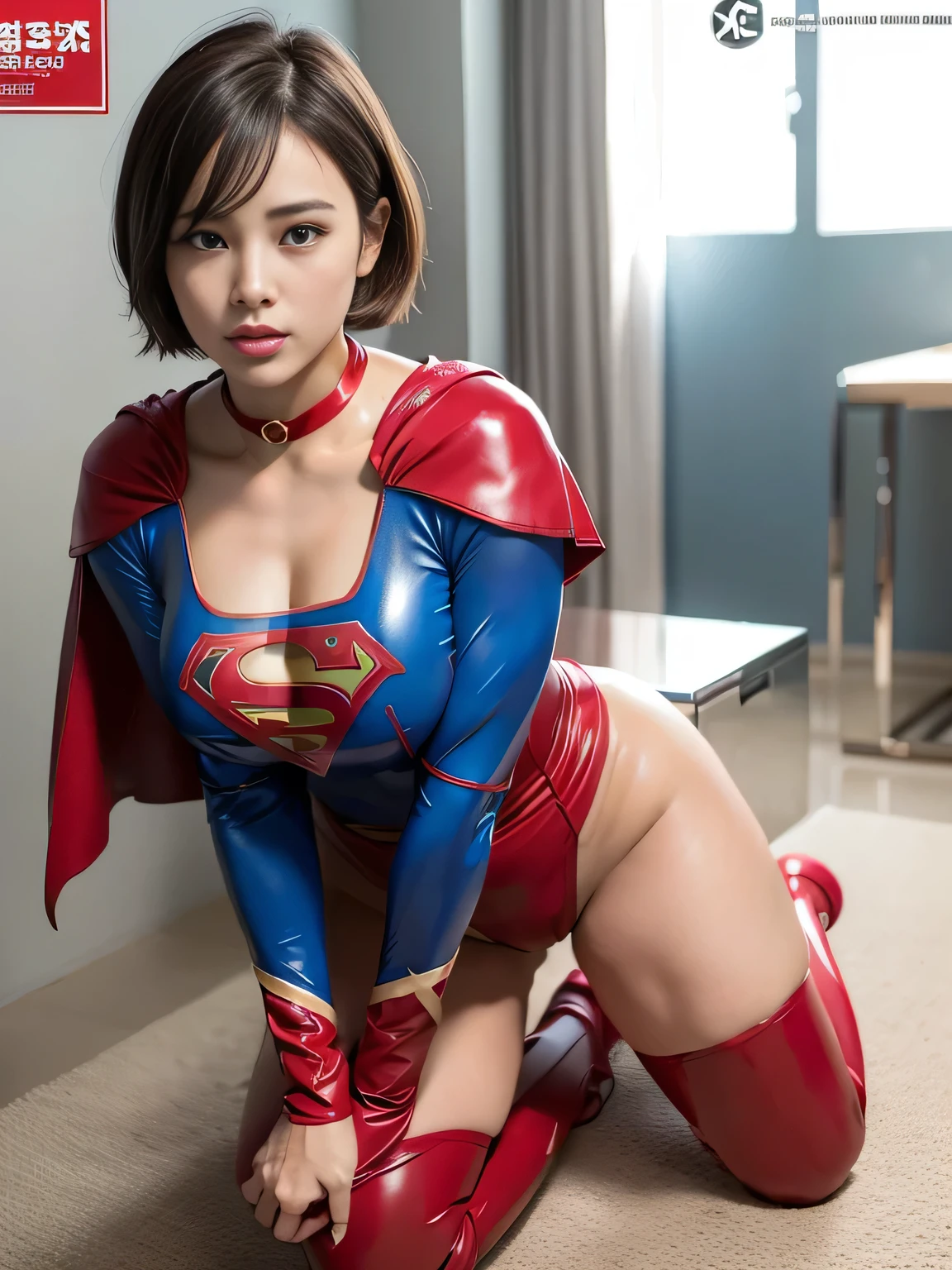 masterpiece、Rubber Supergirl Costume、short hair、Rubber Long Boots、Big and ample breasts、shiny sweaty skin、looking at the camera、choker、Long sleeve、Sexy poses to seduce、Off the shoulder、latex、from right in front、athlete、Racing Bloomers、Red Cape、Muscle training、Beautiful thighs、Photo magazine cover、operating table、Kneeling、