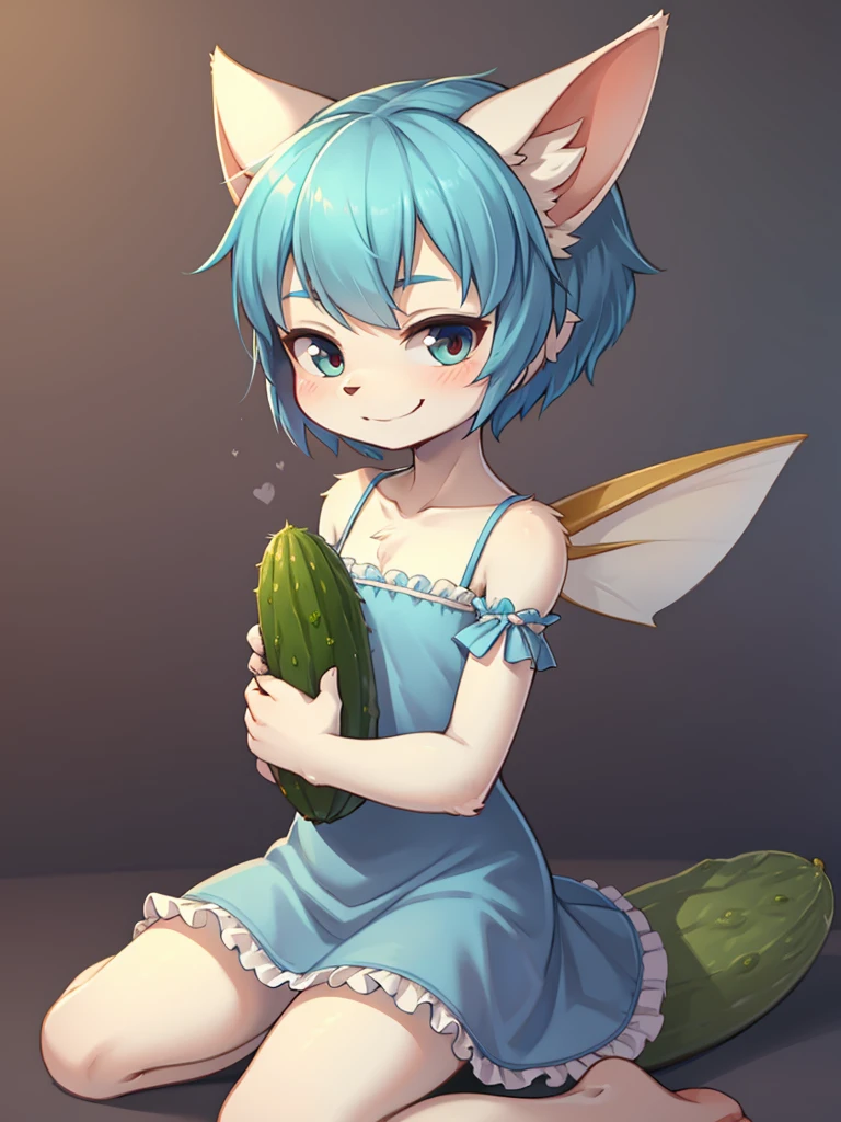 Naughty skinny small fairy , Simple design Frilly dress , Pixie Cut , A mischievous smile , sneak peek , Straddle a cucumber