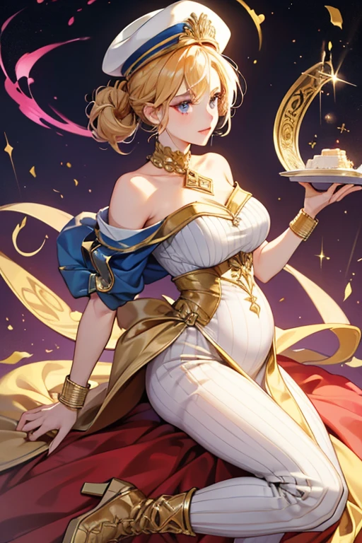 As Miss Sans-Culotte, her skin turned pure white, with vertical light brilliant blue and light brilliant red stripes going through her whole body. Her lips were also light brilliant red in color. Her hair was cut short, reaching the top of her neck, and golden blonde in color. She wore a gold metallic Phrygian-style cap, gold strapless breastplate that fitted her baby bump, and gold high-heeled boots. The cap, the plate, and the boots all had Greco-Romanian embossed designs on them. She also wore high-waisted pants in the same colors and stripes as her skin. Her akumatized object, the bracelet, converted into a thick golden chain that wrapped around her entire left forearm, and had a huge guillotine blade, also with Greco-Romanian embossed designs on it, at the end of it, which she threw at her targets using her right arm. As she was powered up by the Pig Miraculous, the blade glowed in a hot pink color. SPARKLE; GLITTER