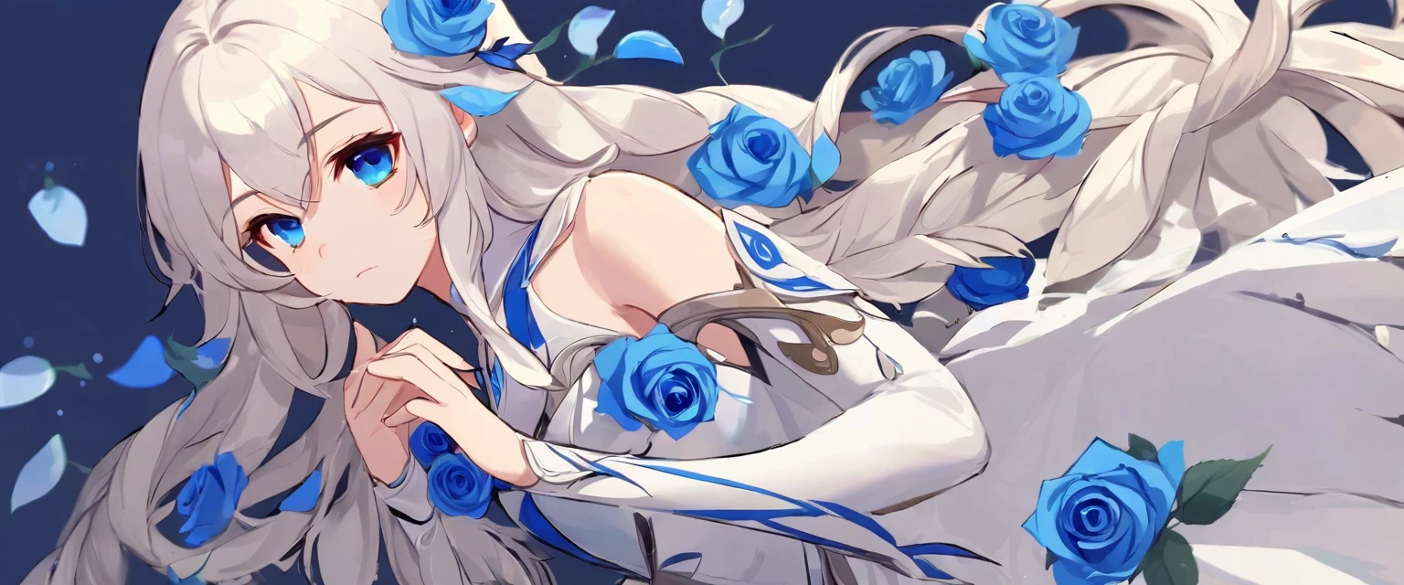 girl with white long hair, braids, genshin, amber pupils,  cute, wearing white gown with blue roses, 