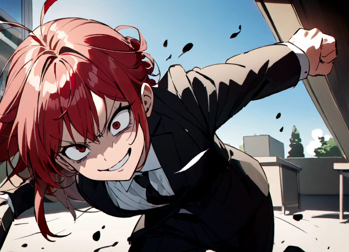 Red hair、Black suit、punch、Scary smile、office、Daytime、punching,Front facing,Momentum、Front facing