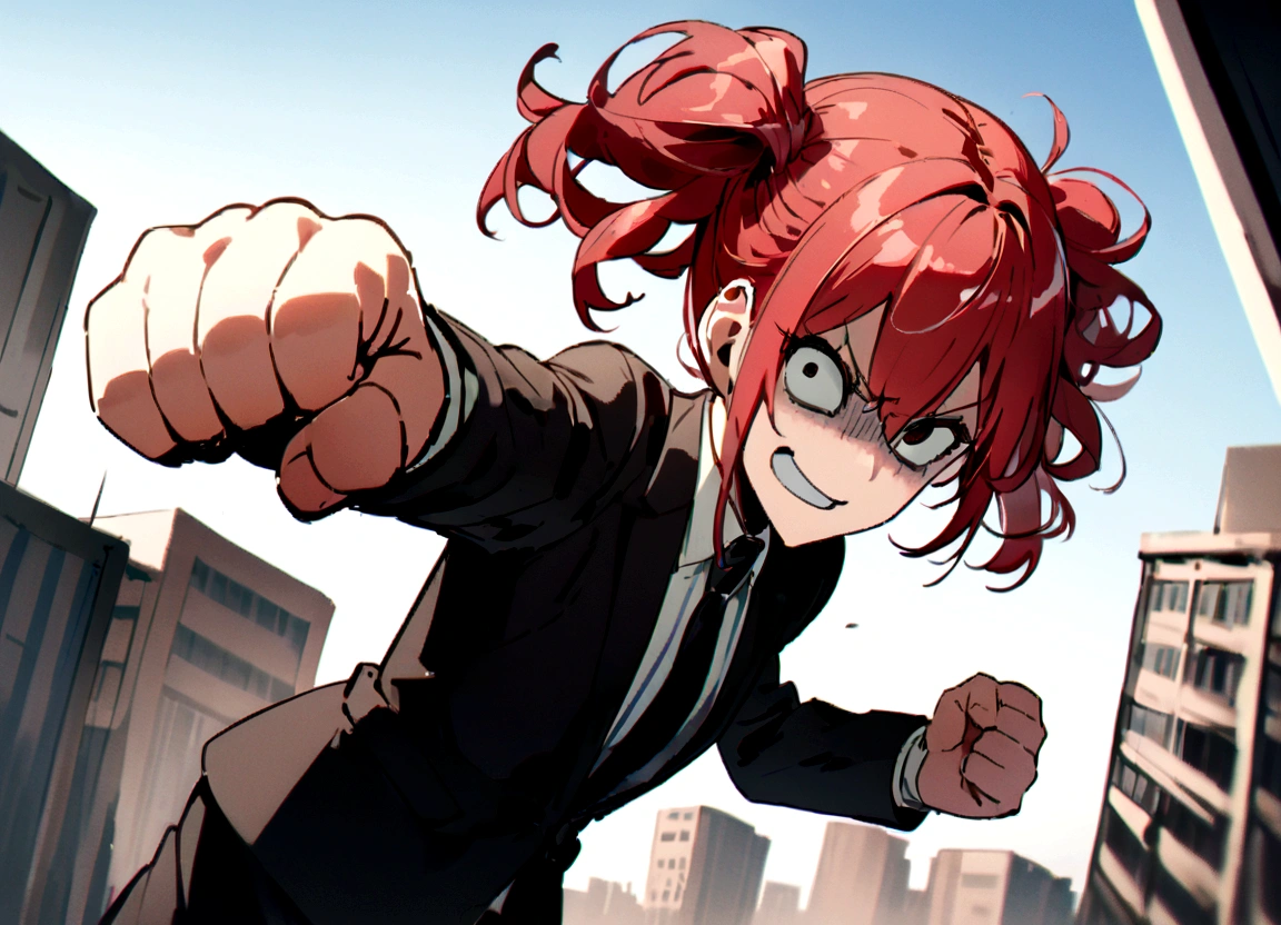 Red hair、Black suit、punch、Scary smile、office、Daytime、punching,Front facing,Momentum、Front facing