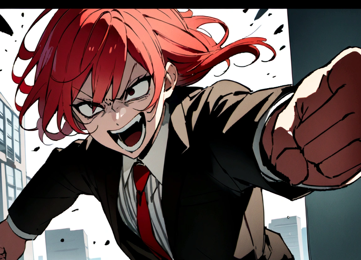 Red hair、Black suit、punch、Scary smile、office、Daytime、punching,Front facing,Momentum、Front facing