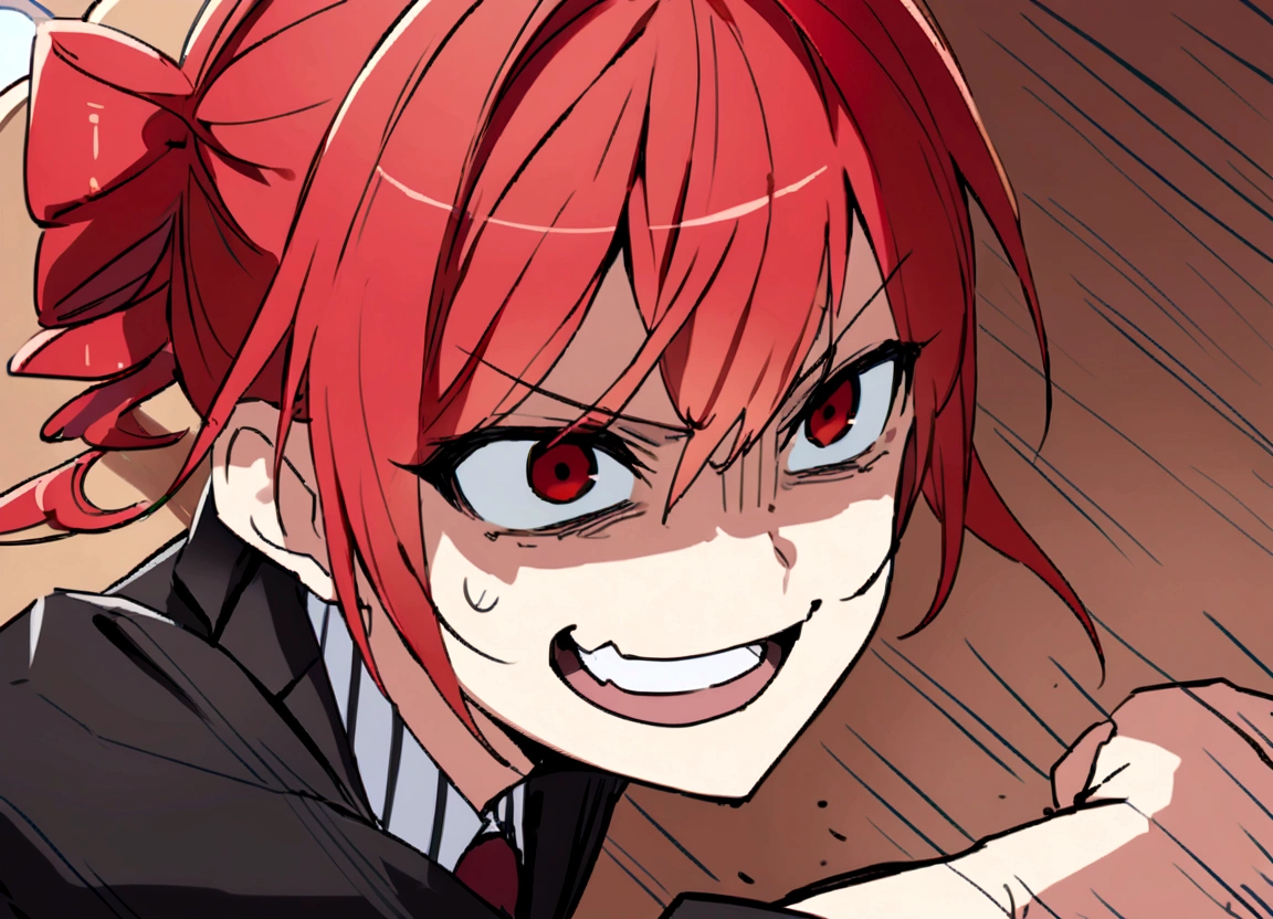Red hair、Black suit、punch、Scary smile、office、Daytime、punching,Front facing,Momentum、Front facing