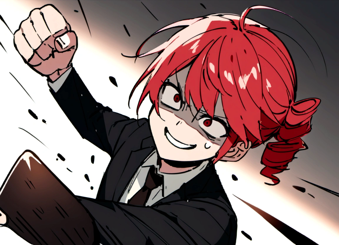 Red hair、Black suit、punch、Scary smile、office、Daytime、punching,Front facing,Momentum、Front facing