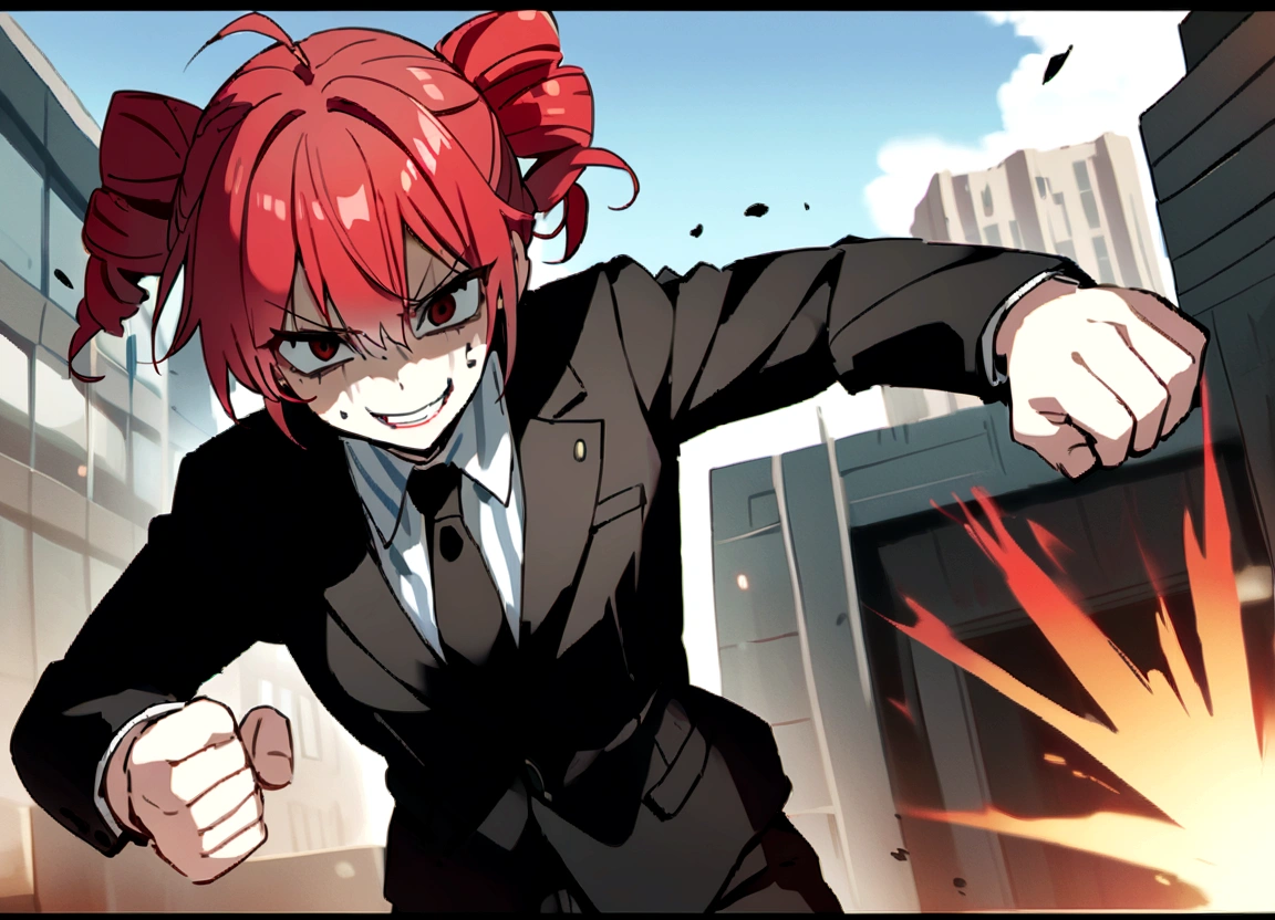 Red hair、Black suit、punch、Scary smile、office、Daytime、punching,Front facing,Momentum、Front facing