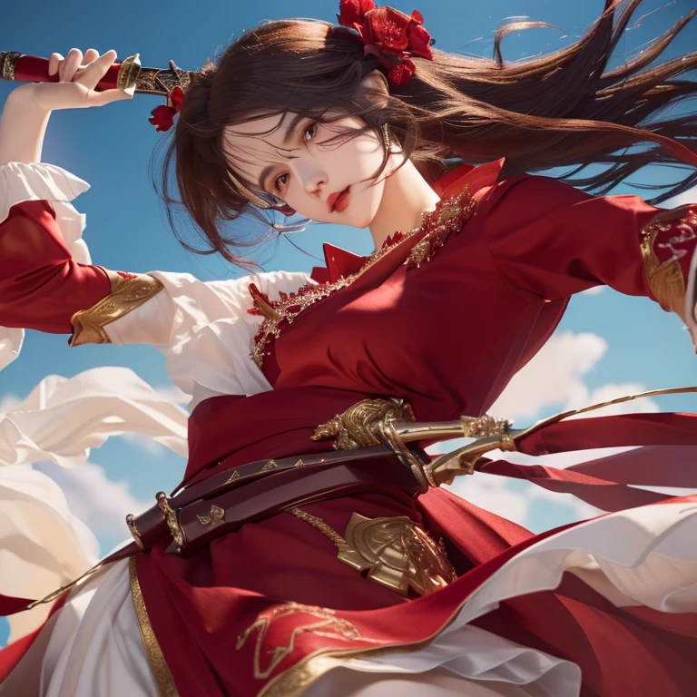 a woman in a red dress holding a sword in her hand, masterpiece, best quality, (extremely detailed CG unity 8k wallpaper), (best quality), (best illustration), (best shadow), absurdres, realistic lighting, (Abyss), beautiful detailed, beautiful girl
