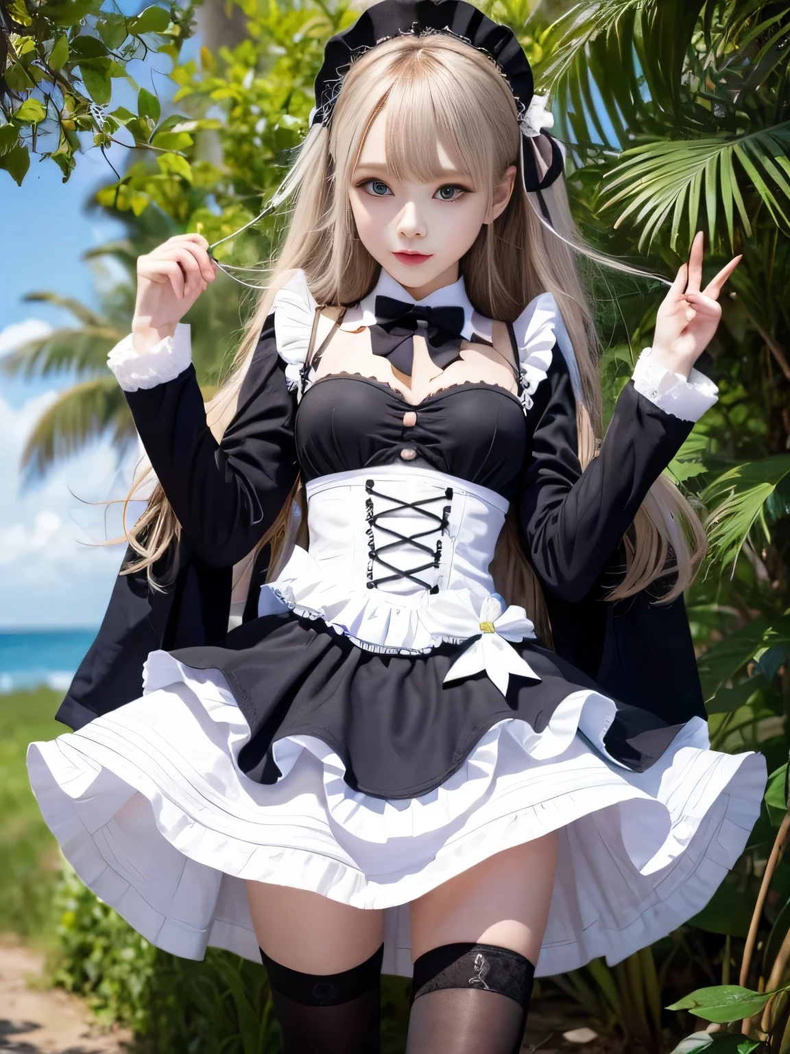(Full body portrait:1.5)、、Slim and flat chested、Small breasts、Highest quality,masterpiece,Ultra-high resolution,(Actual:1.4),Original photo,Ultra-high resolution,8K,There are also women,Gothic Lolita Uniform、Maid Costume Cosplay、Sandy beach scenery、With confidence, Beautiful and generous,Please lift your skirt and show me your underwear...、