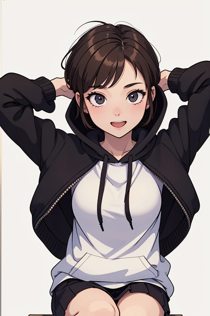 (((masterpiece, best quality, ultra highres, 1 girl, solo, no background))), super detailed skin and face and eyes and finger, beautiful japanese woman, small breasts:1.5, skinny, light brown hair, white background, very short pixie hair, (an illustration of girl), Knee shot, Generate with illustrations, Various expressions, Various poses, Please draw the entire character within the frame, ensuring that the head, arms, and legs are not cut off. The background should be simple, with the character positioned centrally, outline, anime, hoodie, laugh, boyish,