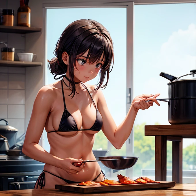 A girl in a micro bikini cooking a tandoor pot