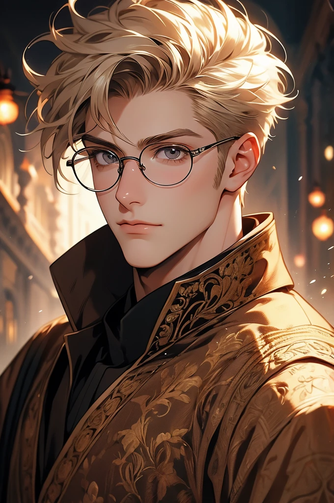 [32k, 8k, very detailed image, masterpiece], young man, naturally handsome, 23 years old, medium blond hair, light brown eyes, gentle expression, large round glasses, [looking fixedly at the viewer], shaved beard, Noble adventurer outfit, guild background, relaxed expression