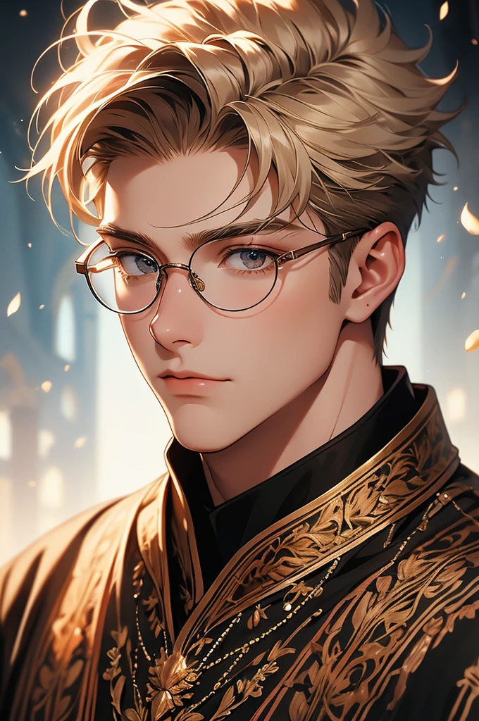 [32k, 8k, very detailed image, masterpiece], young man, naturally handsome, 23 years old, medium blond hair, light brown eyes, gentle expression, large round glasses, [looking fixedly at the viewer], shaved beard, Noble adventurer outfit, guild background, relaxed expression