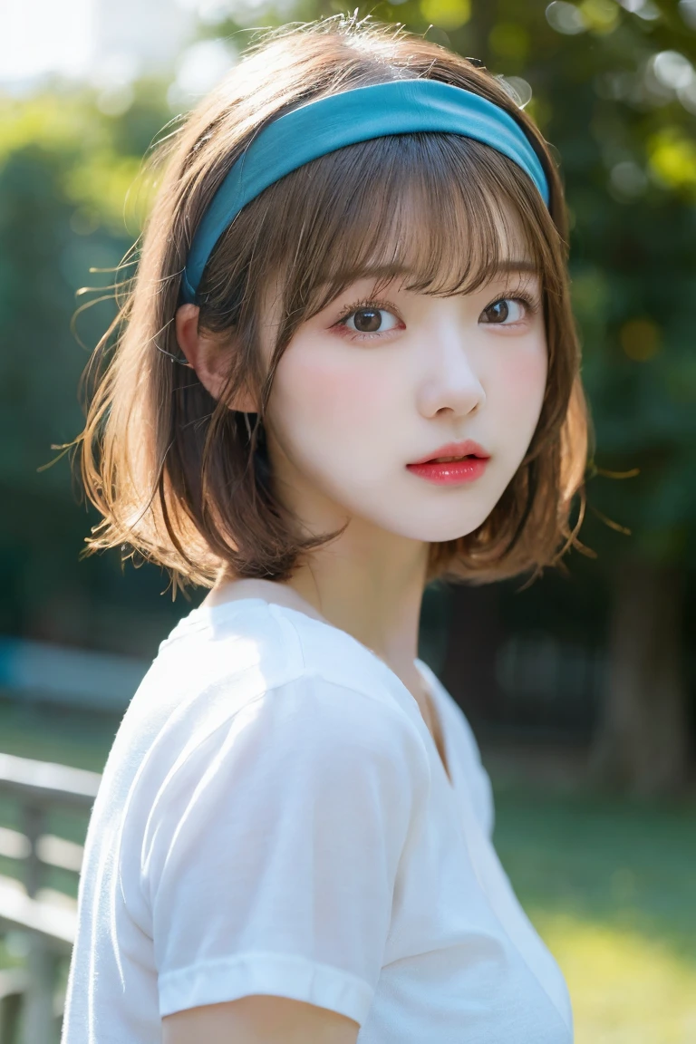 beautiful, masterpiece, cute girl, an extremely detailed and delicate,extremely fine and beautiful,beautiful and clear background, 1 girl, blonde hair, short hair, cyan eyes, , white shirt, red hairband, medium breasts, standing, outdoor,nsfw,(((blowjob)))