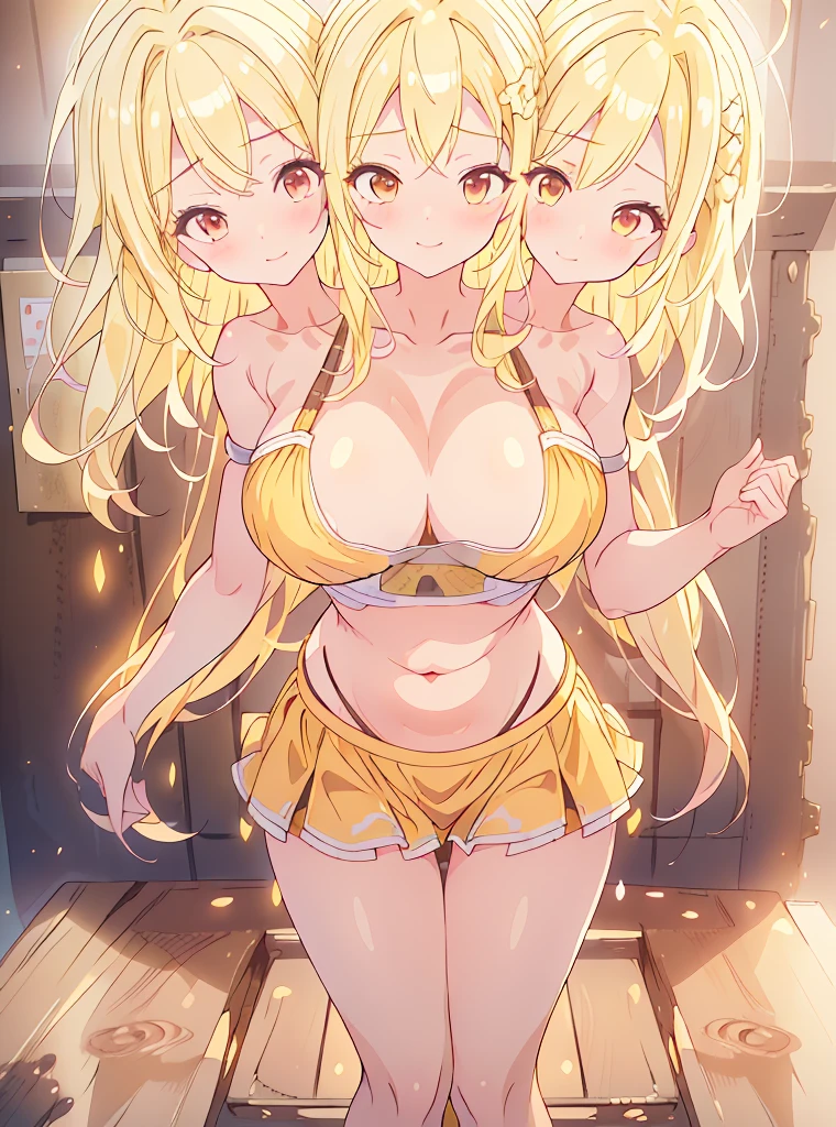 best quality, (masterpiece),(ultra-detailed), (high quality), (high resolution), ((3heads:1.5)), best quality:1.5, highres, UHD, 16K), smiling, highres, masterpiece, ((blonde hair:1.5)), (long hair), blushing, ((cinematic particles)), cowboy shot, ((crop top)), pink-yellow skirt, sharp looking eyes , open breasts, huge tits, open belly, headband