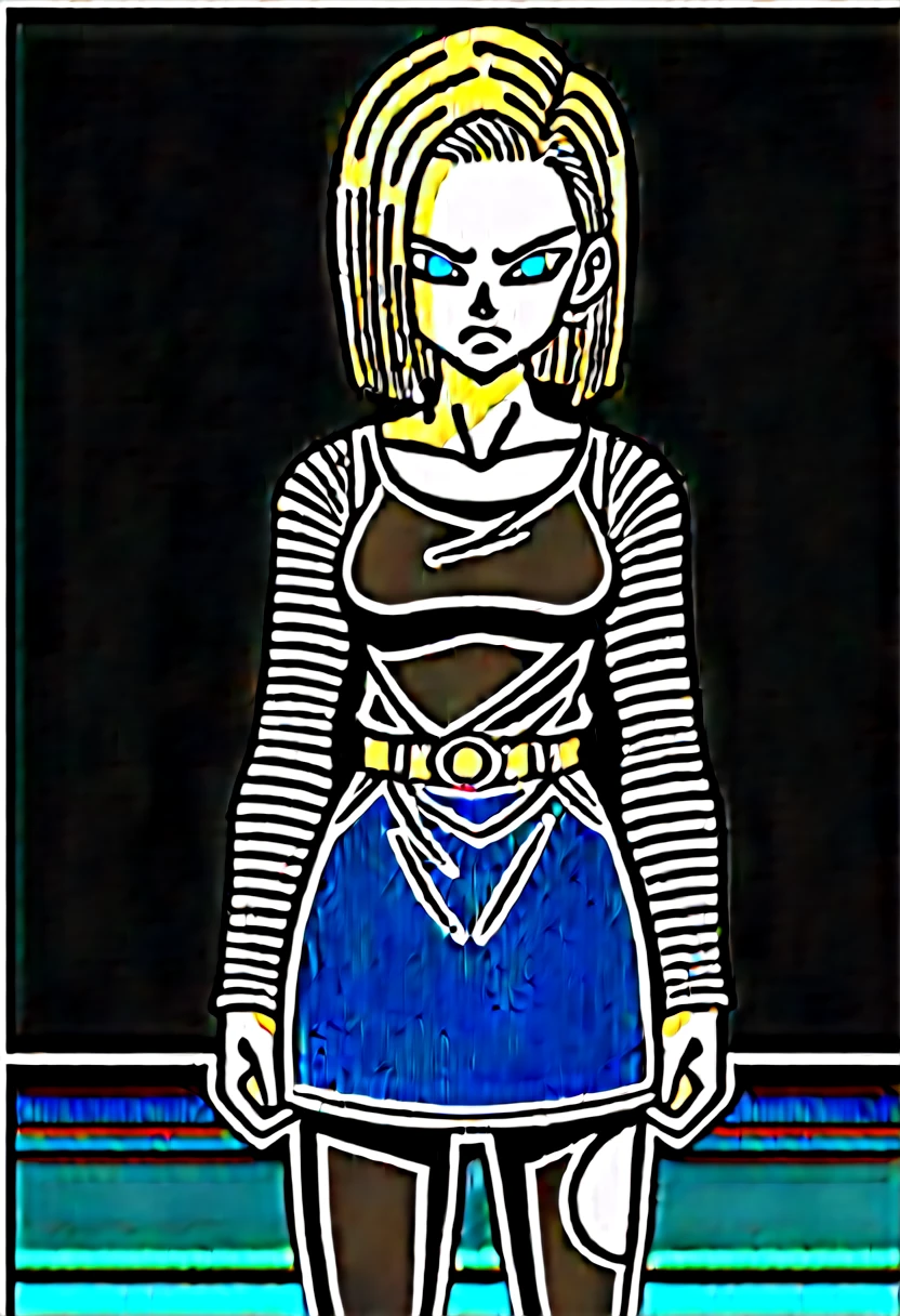 sauce_anime, score_9, score_8_superior, score_7_superior, anime screencap,
Detailed face, Android 18, Classic look, One girl, alone, View your viewers, short hair, blue eyes, Blonde, clavicle, Are standing, arms by side, anger, Cowboy Shot, City in Ruins, Wet Hair, rain, Torn Shirt, One shoulder exposed, Hoop Earrings, Black Shirt, Striped sleeves, belt, Denim skirt, Black Pantyhose, Messy Hair, 
