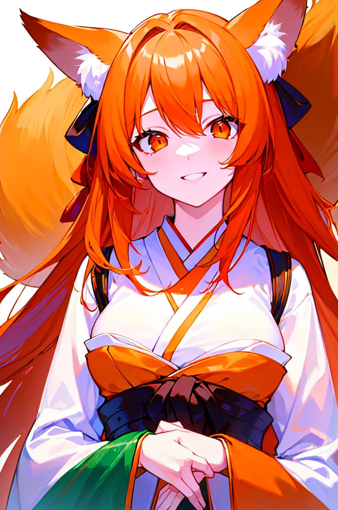 [(WHITE BACKGROUND:1.5),::5], ((((masterpiece)))), high quality, full color, breasts, from_below, focus on eyes, girl, woman, female, young, 20 years old, long hair, big hair, orange hair, light smile, fox_ears, (orange eyes), japanese_clothes,
