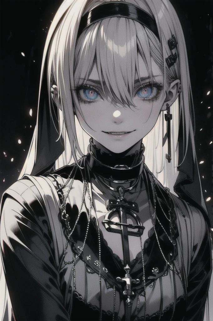 (masterpiece, Highest quality), (Perfect hands), (sharp), (8K resolution), (Cinema Lighting), color: Dark and gloomy, (Ghostly), (intense expression), (Spooky atmosphere), (Dramatic Shadows), (Dynamic pose), (an ominous雰囲気), (an ominous), (Fascinating), (Gothic), (Mysterious Setinodi Color Palette), (Skillfully drawn), (an ominous smile), (Fascinating eyes), (Horror elements), (Fascinating composition), (Impressive anatomy), (Striking contrast), (an ominous mood), (Exquisite craftsmanship), (Nuns), classic Nuns wear, (黄colorい目),
