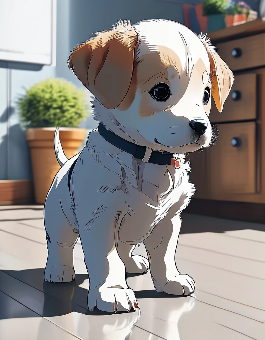 A cute baby puppy standing up facing forward（Make it anime style）