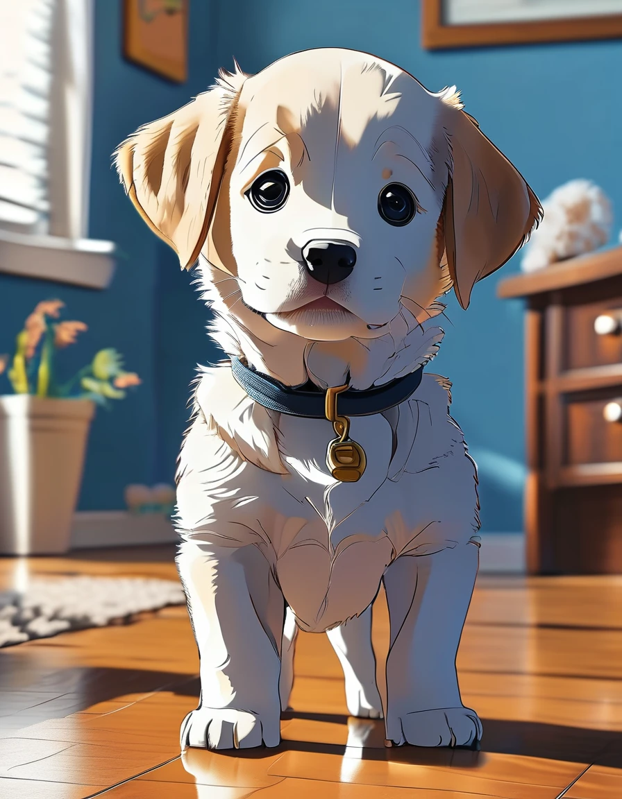 A cute baby puppy standing up facing forward(Make it anime style)